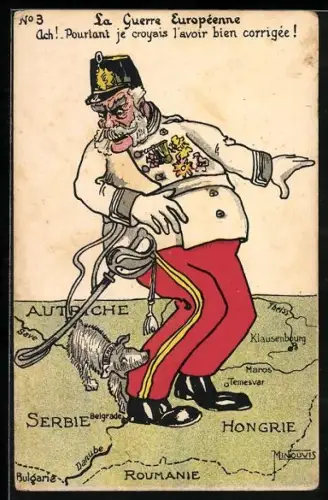 Künstler-AK Karikatur, ein serbischer Hund beisst Kaiser Franz Josef I. von Österreich in das Bein
