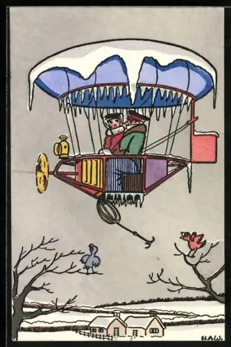 Künstler-AK M.Munk Nr. 514: Paar im Zeppelin unterwegs