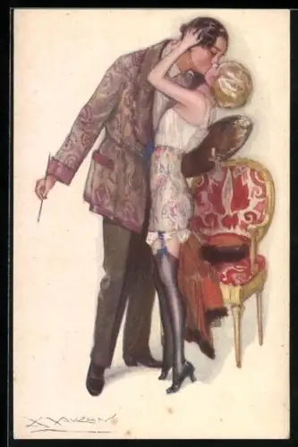 Künstler-AK Mauzan: junge Frau mit Strapse und Korsage küsst Maler in Morgenjackett, Farbpalette