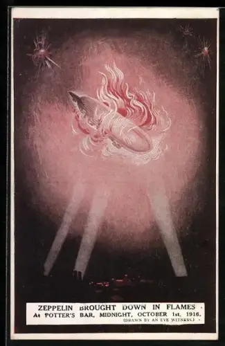 AK Deutscher Zeppelin wird nahe Cuffley abgeschossen
