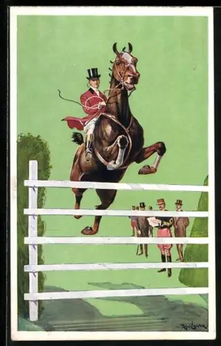 Künstler-AK London, International Horse Show 1908, Olympia, Jockey beim Sprung übers Hindernis