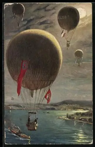 Künstler-AK Fessel-Ballons über einer Flusslandschaft