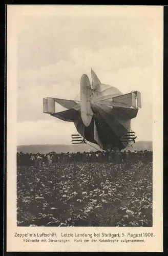 AK Stuttgart, Zeppelin's Luftschiff Modell 4 bei seiner letzten Landung am 5. August 1908