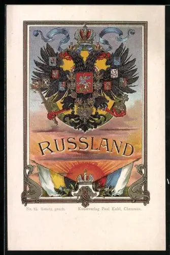 AK Wappen des Zarenreichs Russland, Doppelkopfadler, Fahnen