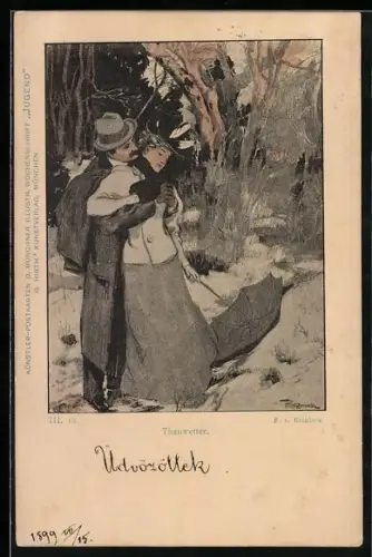 Künstler-AK Ferdinand von Reznicek, G. Hirth`s Verlag, Serie Jugend: Thauwetter, Zweisamkeit im verschneiten Wald