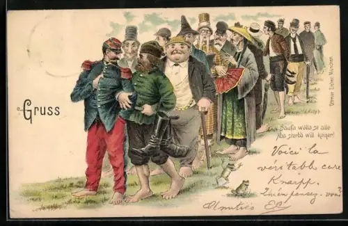 AK Saufa wölla se alle, Gruppe aus verschiedenen Ländern mit Chinesen, Juden und Russen auf dem Weg zur Kneipp-Kur