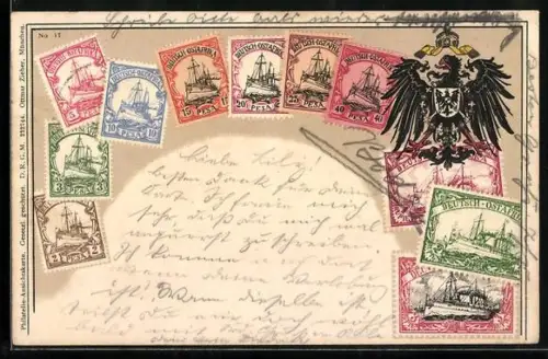 AK Briefmarken aus Deutsch-Ostafrika mit Schiffsmotiven, Wappen
