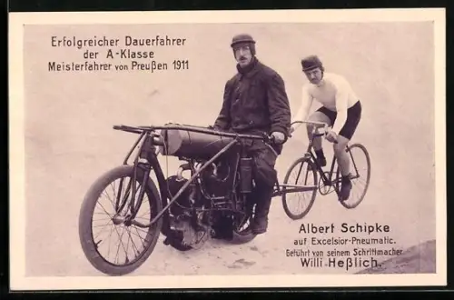 AK Albert Schipke, Reklame für Excelsior-Pneumatik, Motorrad und Fahrrad, Meisterfahrer Preussen 1911, Steherrennen