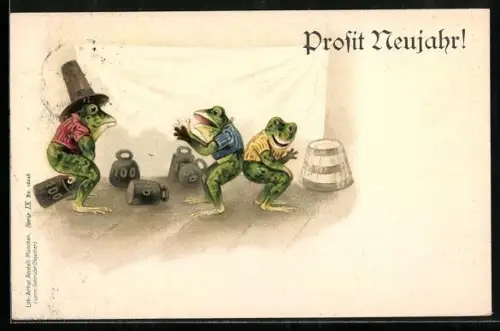 Lithographie Vermenschlichte Frösche beim Kraftsport