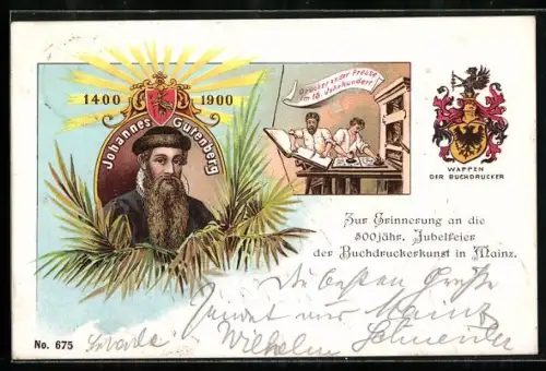 Lithographie Mainz, 500. Jubelfeier der Buchdruckerkunst 1900, Porträt von Johannes Gutenberg