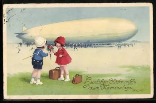 Künstler-AK Fritz Baumgarten: Reisende vor einem Zeppelin wird mit Blumen verabschiedet