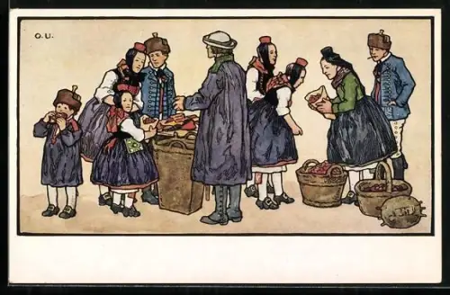 Künstler-AK Otto Ubbelohde: Schwälmer Markt, Trachten