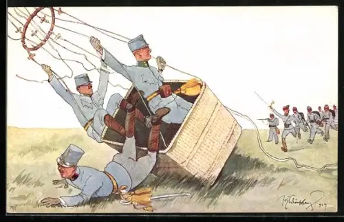 Künstler-AK Fritz Schönpflug: Soldaten werden bei der Landung mit ihrem Ballon beschossen