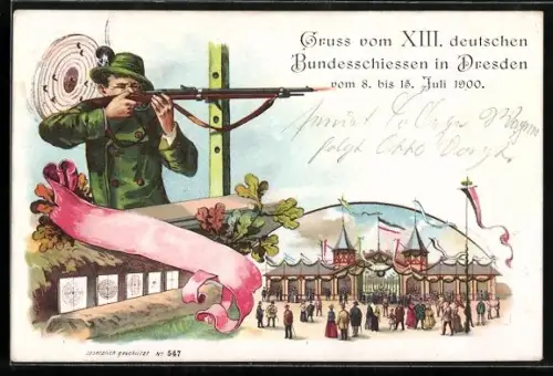 AK Dresden, XIII. Deutsches Bundesschiessen 1900, Schütze mit Gewehr