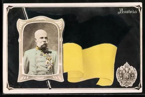 AK Kaiser Franz Joseph I. von Österrreich im Passepartout mit Fahne und Wappen