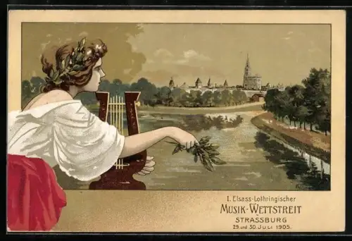 Lithographie Strassburg, I. Elsass-Lothringischer Musik-Wettstreit 1905, Musikerin mit Leier