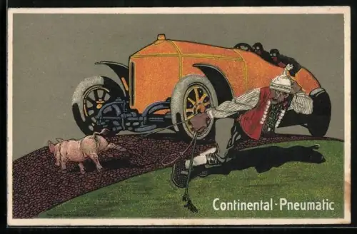 AK Continental-Pneumatic, Mann mit Ferkel an der Leine vor Auto, Reklame