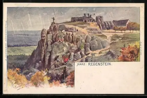 Künstler-AK Schwenke Ser. 3 Nr. 2: Regenstein im Harz, Berg mit Gesicht / Berggesichter