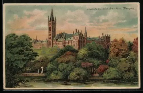 Lithographie Glasgow, University and Kelvin Grove Park, Halt gegen das Licht