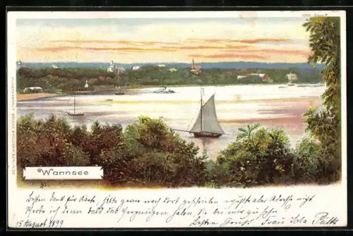 Künstler-AK Berlin-Wannsee, Segelboote auf dem See, Briefmarke Private Stadtpost