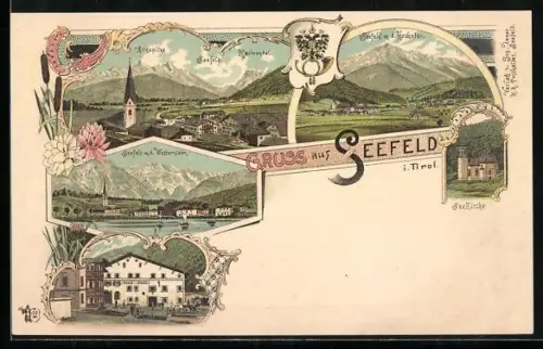 Lithographie Seefeld i. Tirol, Hotel Post, Seekirche und Ortspanorama