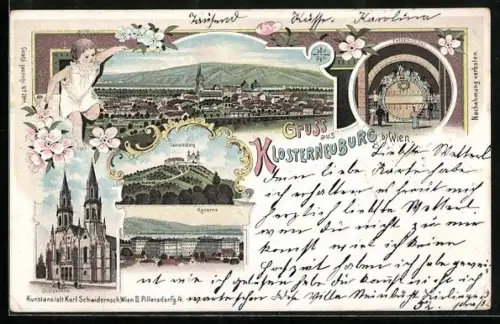 Lithographie Klosterneuburg b. Wien, Kaserne, Stiftskirche Fasselrutschen