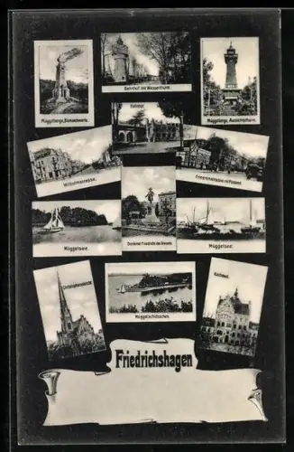 Mikroskop-AK Berlin-Friedrichshagen, Rathaus, Müggelsee, Bahnhof mit Wasserturm