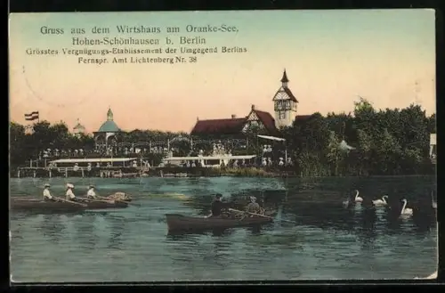 AK Hohenschönhausen /Berlin, Gaststätte Wirtshaus am Orankesee, Ansicht vom Wasser, mit Bootspartie