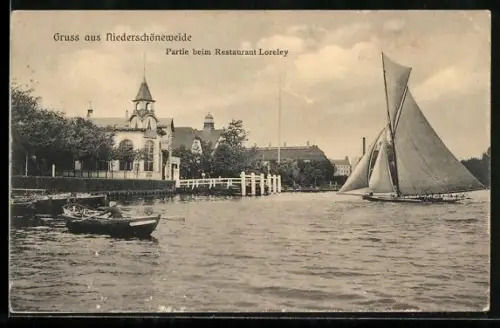 AK Berlin-Niederschöneweide, Wasserpartie mit Restaurant Loreley, Ruderboot, Segelboot