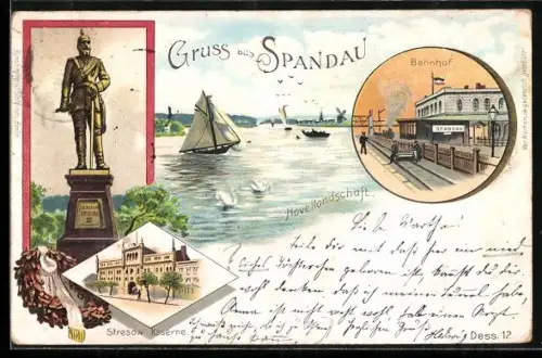 Lithographie Berlin-Spandau, Bahnhof, Stresow-Kaserne, Kaiser Friedrich-Denkmal, Havellandschaft