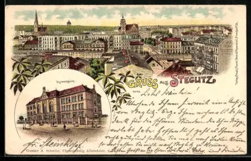 Lithographie Berlin-Steglitz, Gymnasium, Blick über die Dächer mit Kirche