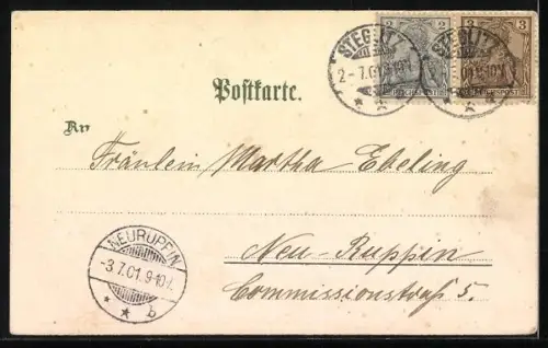 Lithographie Berlin-Steglitz, Gymnasium, Blick über die Dächer mit Kirche