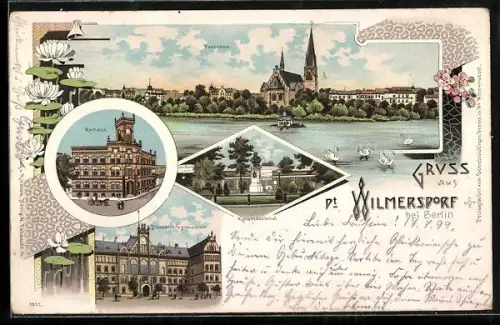 Lithographie Berlin-Wilmersdorf, Rathaus, Bismarck-Gymnasium, Kaiserdenkmal