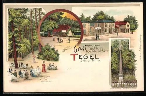 Lithographie Berlin-Tegel, Schloss-Restaurant von G. Triller, Denkmal der Familie Humboldt, Familien Kaffeeküche