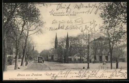 AK Berlin-Pankow, Breitestrasse mit Kirche, Strassenbahn