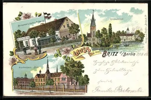 Lithographie Berlin-Britz, Restaurant und Garten v. Reikowski, Krankenhaus, Kirche und Schloss