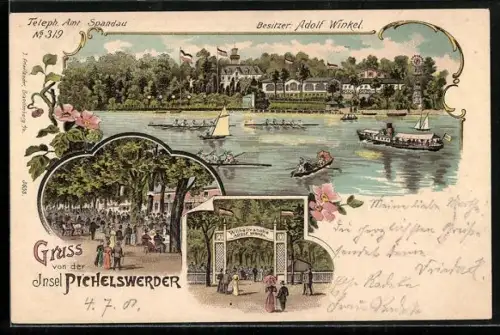 Lithographie Spandau, Insel Pichelswerder mit Gasthaus Adolf Winkel