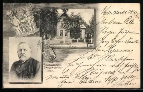 AK Mohrkirch, Porträt von Reichstagsabgeordnetem M. Mattsen-Steinfeld, Ortswappen und Villa