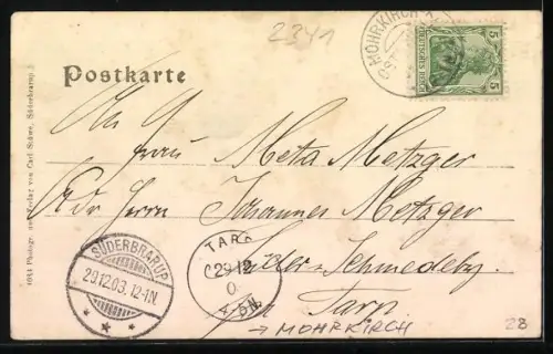 AK Mohrkirch, Porträt von Reichstagsabgeordnetem M. Mattsen-Steinfeld, Ortswappen und Villa