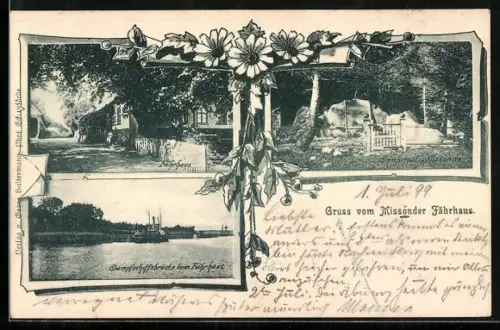 AK Brodersby / Schleswig, Gasthof Missonder Fährhaus, Dampfschiffbrücke und Denkmal in Missonde