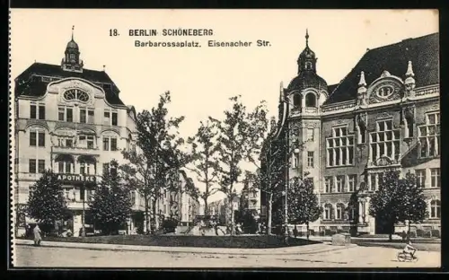 AK Berlin-Schöneberg, Partie am Barbarossaplatz, Ecke Eisenacher Strasse mit Grünanlage