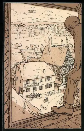 Künstler-AK Weilheim /Obb., Teilansicht mit Gasthaus von einem Fenster mit Männerfigur aus