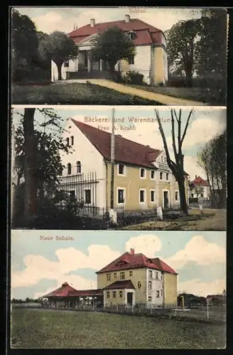 AK Dresden-Klotzsche, Bäckerei-Handlung A. Krahl, Schloss, Neue Schule