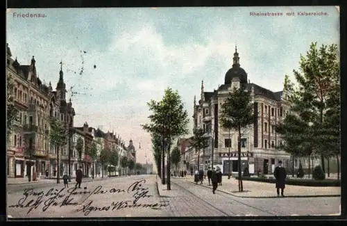 AK Berlin-Friedenau, Rheinstrasse mit Kaisereiche, Strassenbahn, Abzweig