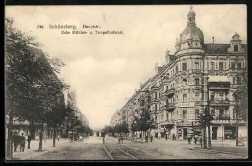 AK Berlin-Schöneberg, Hauptstrassse, Ecke Mühlen- und Tempelhoferstrasse, Geschäftshaus