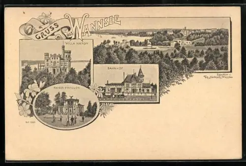 Lithographie Berlin-Wannsee, Villa Hardy, Bahnhof, Kaiser-Pavillon