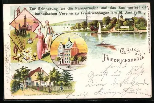 Lithographie Friedrichshagen, Sommerfest der kath. Vereine 1901, Restaurant Ravensteiner Mühle, Gebäudepanorama, Turm