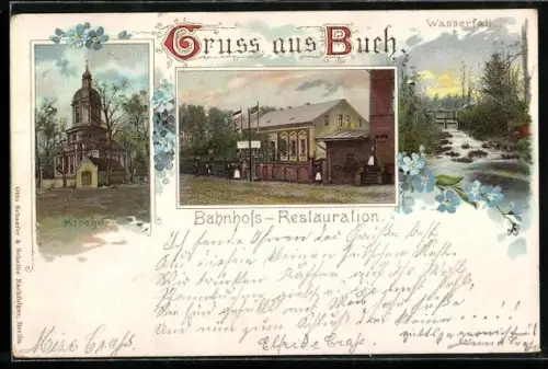 Lithographie Berlin-Buch, Bahnhofs-Restaurant mit Kirche und Wasserfall