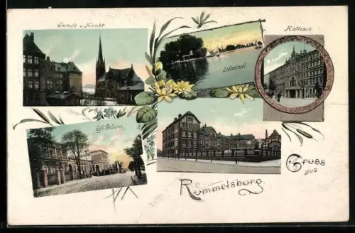 AK Berlin-Rummelsburg, Café Bellevue, Liebesinsel, Rathaus und Schule