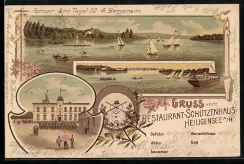 Lithographie Berlin-Heiligensee, Restaurant-Schützenhaus, Seepartie mit Segelbooten und Ruderbooten, Schützenplatz